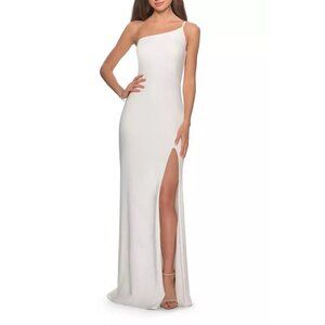 La Femme One-Shoulder Jersey White Long Gown Sultry Thigh High Slit Women's  4